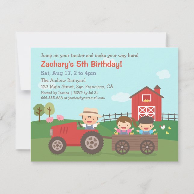 Cute Farm Tractor Kids Birthday Party Invitations (Front)