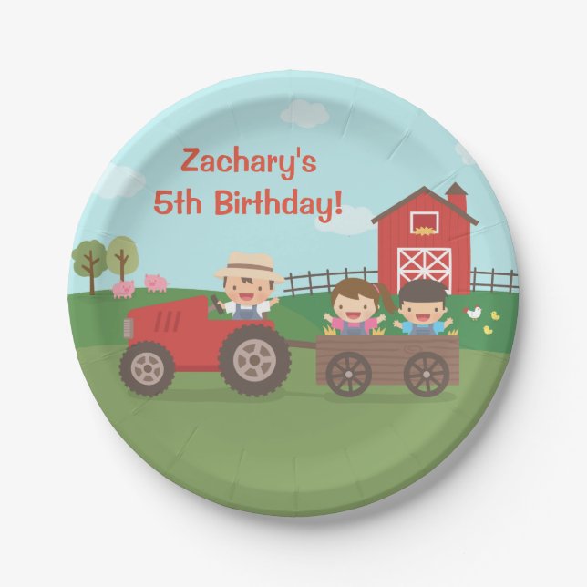 Cute Farm Tractor Kids Birthday Party Supplies Paper Plates (Front)