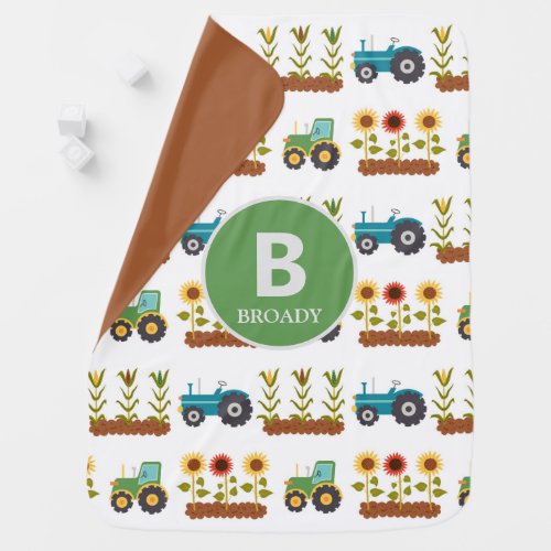 Cute Farm Tractor Pattern Monogram Baby Blanket