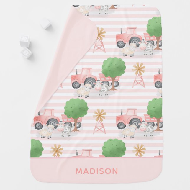 Cute Farm Tractor Pattern Monogram Baby Blanket (In Situ)