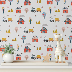 Cute Farm Tractor Red Barn Kids Peel and Stick Wallpaper
