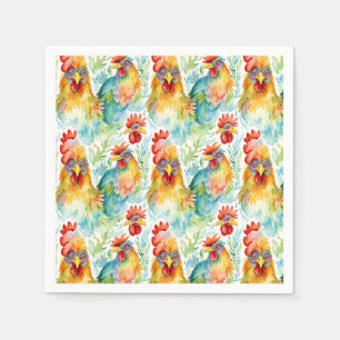 Cute Farm Watercolor Chickens Birthday Napkins