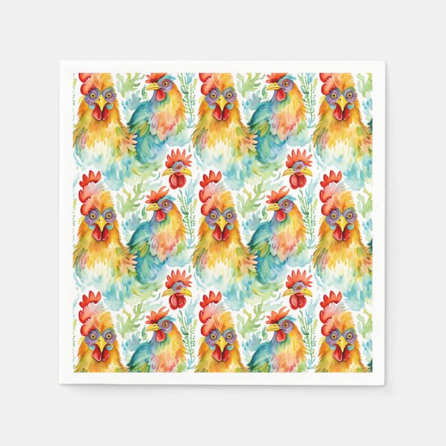 Cute Farm Watercolor Chickens Birthday Napkins (Front)