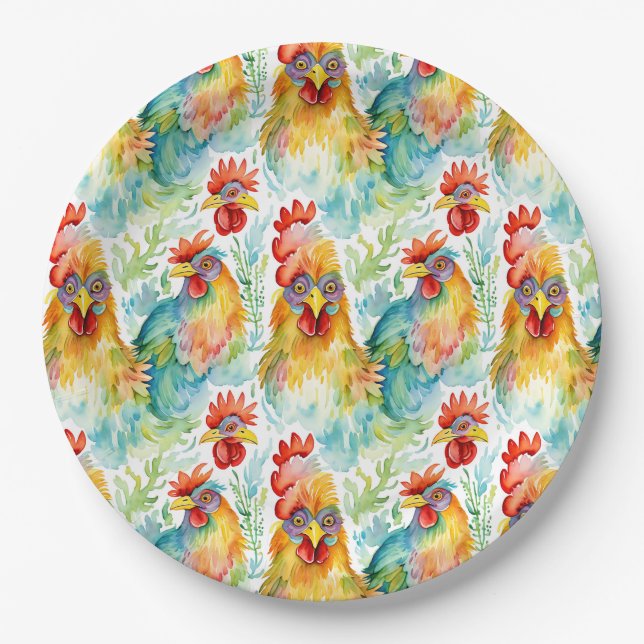 Cute Farm Watercolor Chickens Birthday Paper Plates (Front)