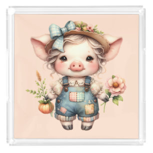 Cute Farmcore Pig in Overalls with Flowers Acrylic Tray