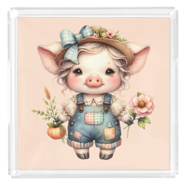 Cute Farmcore Pig in Overalls with Flowers Acrylic Tray (Front)