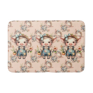 Cute Farmcore Pig in Overalls with Flowers Bath Mat