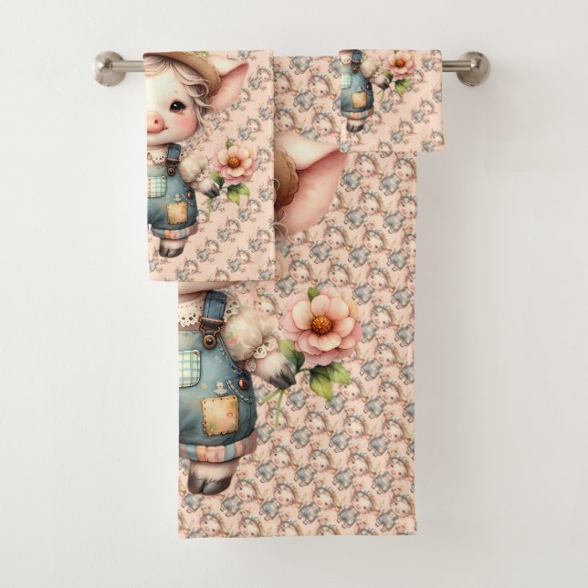 Cute Farmcore Pig in Overalls with Flowers Bath Towel Set (Insitu)