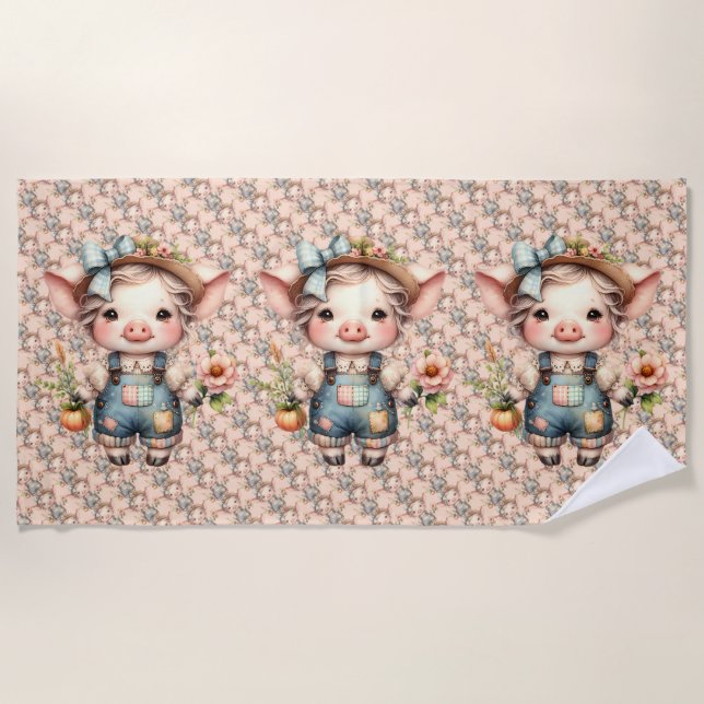 Cute Farmcore Pig in Overalls with Flowers Beach Towel (Front)