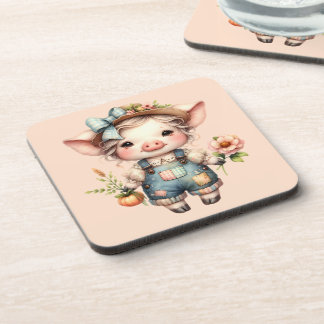 Cute Farmcore Pig in Overalls with Flowers Beverage Coaster