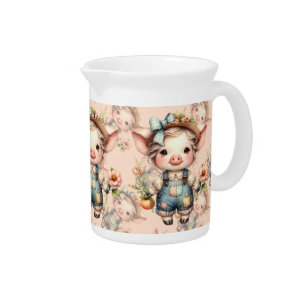 Cute Farmcore Pig in Overalls with Flowers Beverage Pitcher