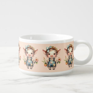 Cute Farmcore Pig in Overalls with Flowers Bowl