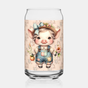 Cute Farmcore Pig in Overalls with Flowers Can Glass