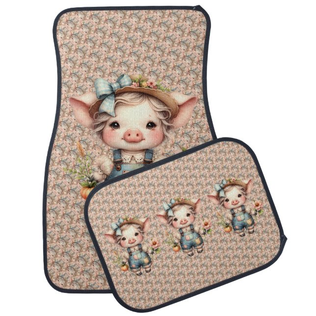 Cute Farmcore Pig in Overalls with Flowers Car Floor Mat (Set)
