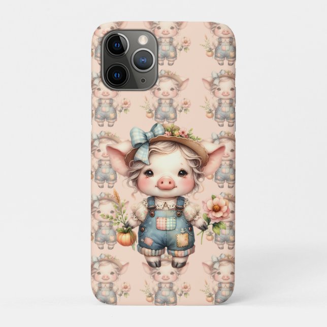 Cute Farmcore Pig in Overalls with Flowers Case-Mate iPhone Case (Back)