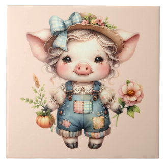Cute Farmcore Pig in Overalls with Flowers Ceramic Tile