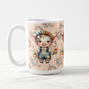 Cute Farmcore Pig in Overalls with Flowers Coffee Mug