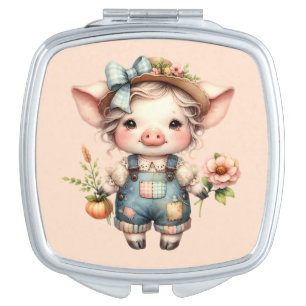 Cute Farmcore Pig in Overalls with Flowers Compact Mirror