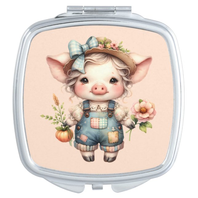 Cute Farmcore Pig in Overalls with Flowers Compact Mirror (Front)