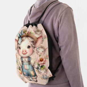 Cute Farmcore Pig in Overalls with Flowers Drawstring Bag