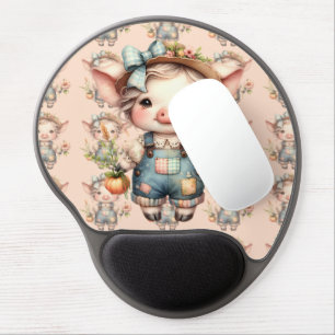 Cute Farmcore Pig in Overalls with Flowers Gel Mouse Pad