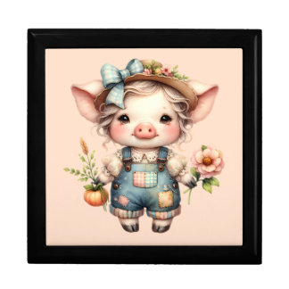 Cute Farmcore Pig in Overalls with Flowers Gift Box