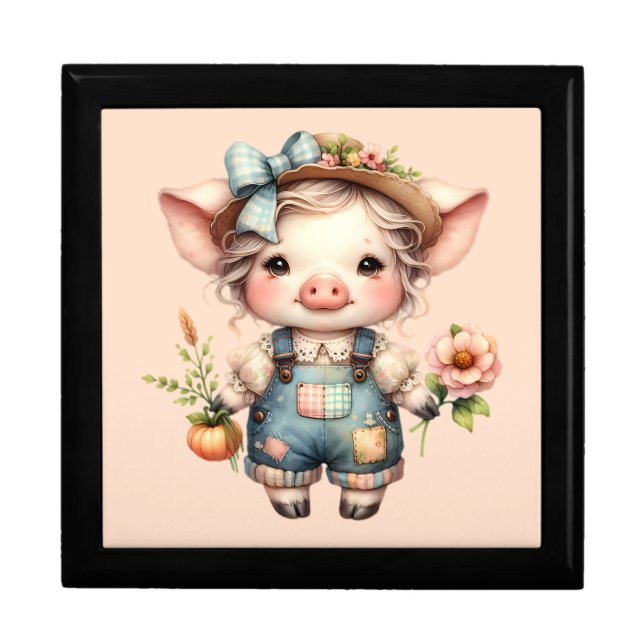 Cute Farmcore Pig in Overalls with Flowers Gift Box (Front)