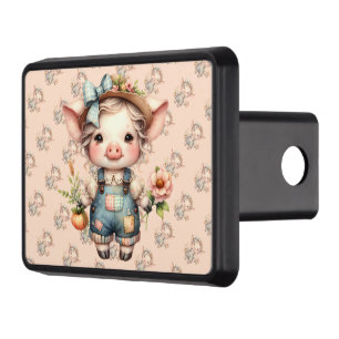 Cute Farmcore Pig in Overalls with Flowers Hitch Cover