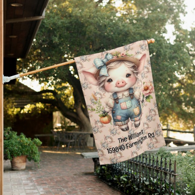 Cute Farmcore Pig in Overalls with Flowers House Flag (In SItu)