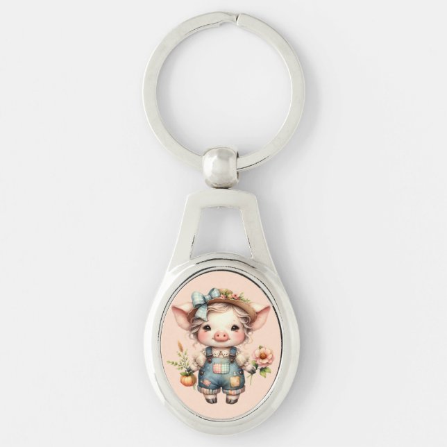 Cute Farmcore Pig in Overalls with Flowers Keychain (Front)