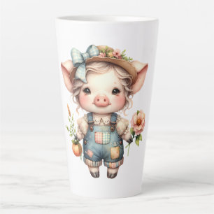 Cute Farmcore Pig in Overalls with Flowers Latte Mug