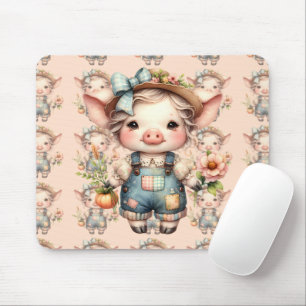 Cute Farmcore Pig in Overalls with Flowers Mouse Pad