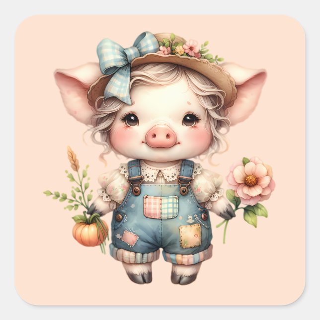 Cute Farmcore Pig in Overalls with Flowers Square Sticker (Front)