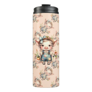 Cute Farmcore Pig in Overalls with Flowers Thermal Tumbler