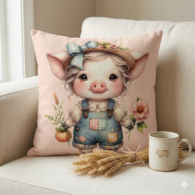 Cute Farmcore Pig in Overalls with Flowers Throw Pillow (Cute Farmcore Pig in Overalls with Flowers Throw Pillow Mockup A)