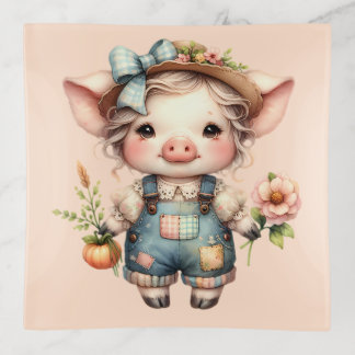 Cute Farmcore Pig in Overalls with Flowers Trinket Tray