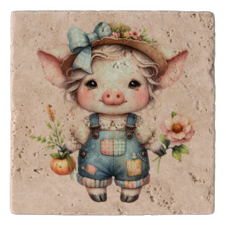 Cute Farmcore Pig in Overalls with Flowers Trivet