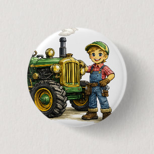 Cute Farmer Boy With Vintage Green Tractor Art Button