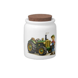 Cute Farmer Boy With Vintage Green Tractor Art Candy Jar