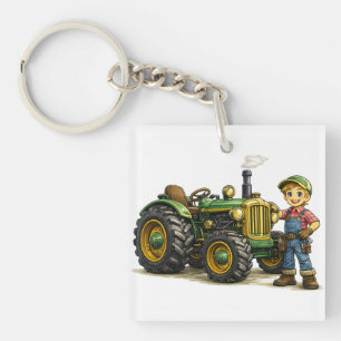 Cute Farmer Boy With Vintage Green Tractor Art Keychain