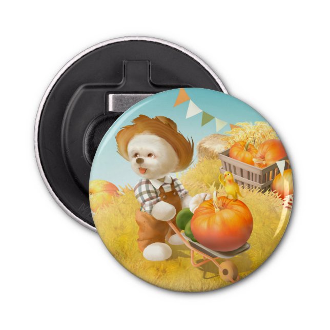 Cute Farmer Dog with Pumpkin Bottle Opener (Front)