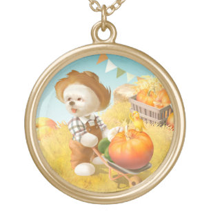 Cute Farmer Dog with Pumpkin Gold Plated Necklace
