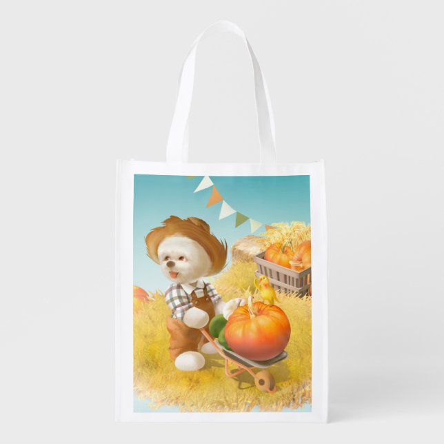 Cute Farmer Dog with Pumpkin Grocery Bag (Front)