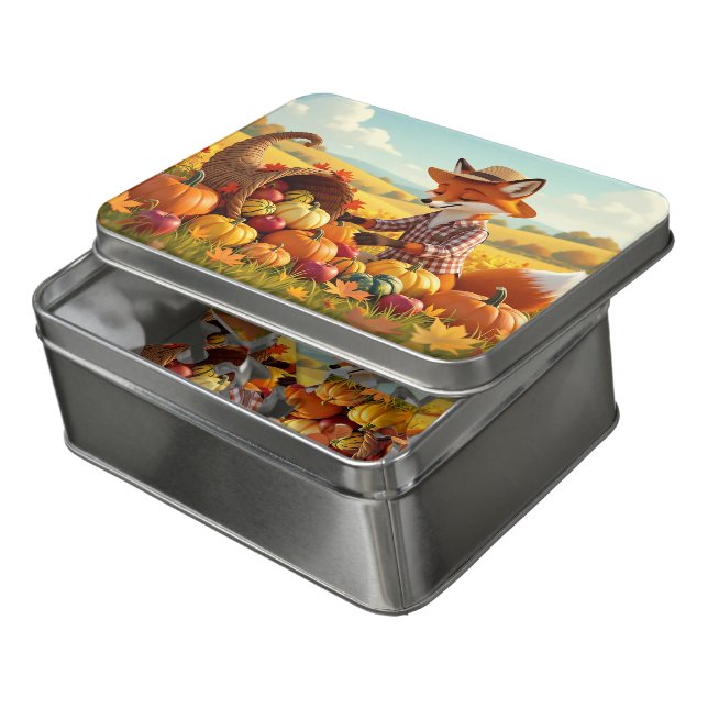 Cute Farmer Fox with Cornucopia of Fall Harvest Jigsaw Puzzle (Lid Open)