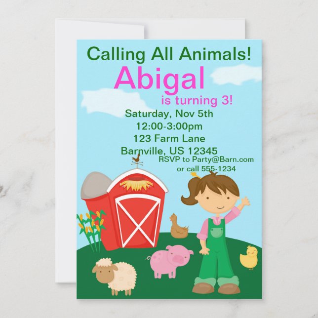 Cute Farmer Girl Farm Birthday Party Invitation (Front)