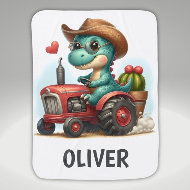 Cute Farmer Trex Dinosaur on Red Tractor  Baby Blanket (Creator Uploaded)