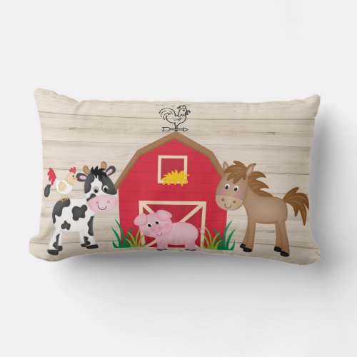 Cute Farmhouse Animals Red Barn Kids Nursery Lumbar Pillow