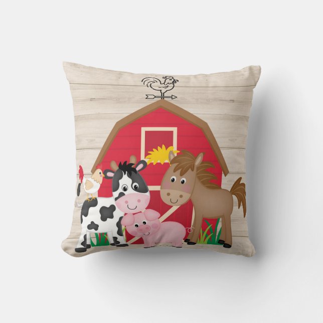 Cute Farmhouse Animals Red Barn Kids Nursery Throw Pillow (Front)