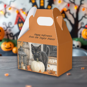 Cute Farmhouse Black Cat and Pumpkin Halloween Favor Boxes