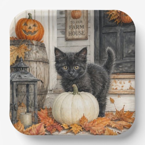 Cute Farmhouse Black Cat and Pumpkin Halloween Paper Plates